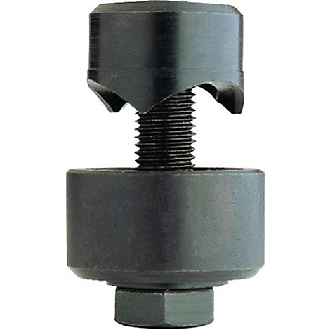 Zwart gereedschap bestaande uit meerdere delen, met een schroefdraad onderdeel en een zeskantige moer.