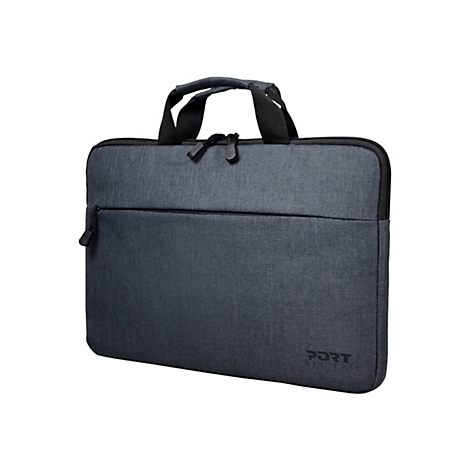 Dunkelgraue Laptoptasche mit Griff, Reißverschluss und Logo "Port Designs".