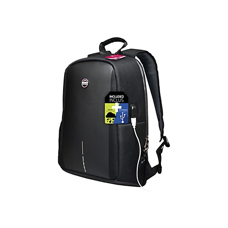 Schwarzer Laptop-Rucksack mit USB-Anschluss, Branding und Etikett 'INCLUS'.