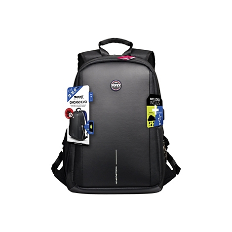 Schwarzer Rucksack mit Etiketten. Vorderseite, Griff, ReiÃŸverschlÃ¼sse, Logo.