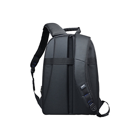 Schwarzer Rucksack von hinten, mit gepolsterten Schultergurten und Tragegriff.