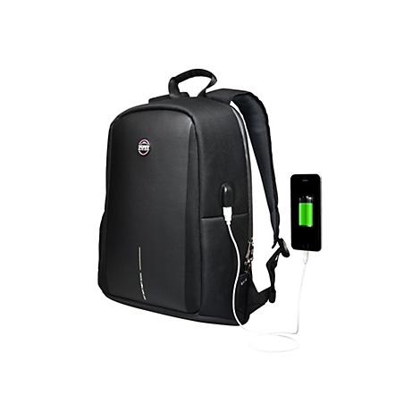 Schwarzer Rucksack mit externem USB-Anschluss, lÃ¤dt Smartphone auf.