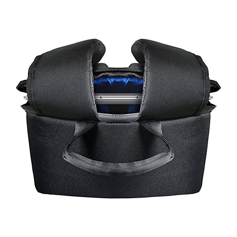 Schwarze Laptoptasche mit Tragegriff, Innenraum mit blauem Licht, Laptop sichtbar.