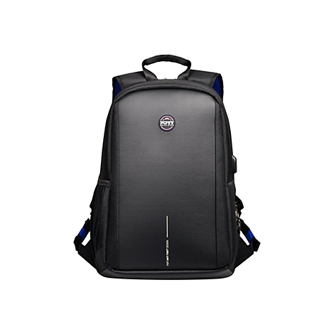 Schwarzer Rucksack mit blauem Innenfutter. Kleines Logo oben, vertikaler Strich unten.