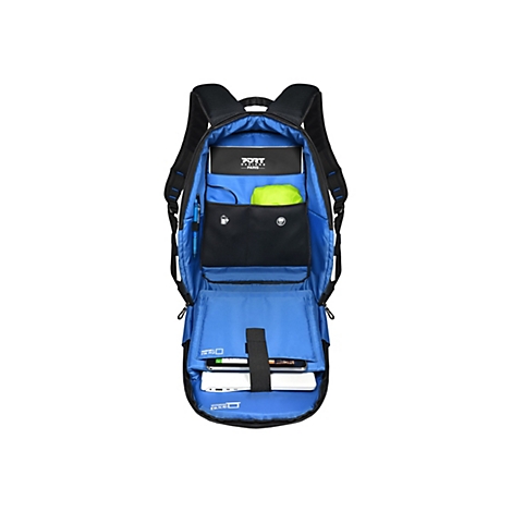 Schwarzer Rucksack mit offenem Innenraum. Blaue Innenseiten, Laptop und ZubehÃ¶r.