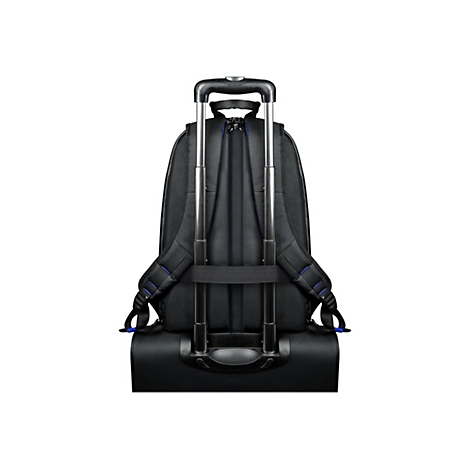 Schwarzer Rucksack mit Rollen und ausziehbarem Griff. RÃ¼ckansicht, Detailansicht der Gurte und des Griffs.