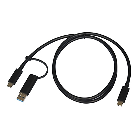 Schwarzes USB-C-Kabel mit USB-A-Anschluss auf weißem Hintergrund.
