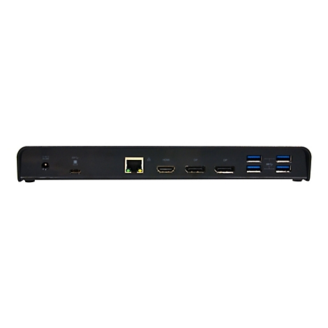 Schwarze Dockingstation mit diversen Anschlüssen. Sie hat Anschlüsse für Strom, USB, HDMI, Ethernet und DisplayPort.