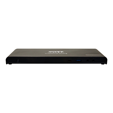 Schwarze Dockingstation mit Logo und Anschlüssen wie USB und Audioausgang. Text: Professional Docking.