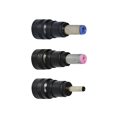 Drei verschiedene Stromstecker mit schwarzen GehÃ¤usen und farbigen Spitzen.