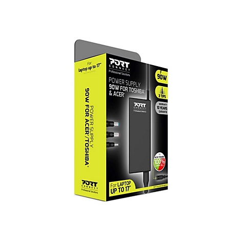 Produktverpackung, die ein 90-W-Netzteil fÃ¼r Toshiba & Acer-Laptops zeigt. Aufschrift: 90W, 3 Tips, 10 Years Garantie.