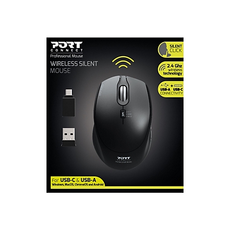 Drahtlose, geräuschlose Maus von Port Connect. Auf der Maus sind die Funktionen Silent Click, 2,4 GHz Wireless Technology, USB-A und USB-C Connectivity abgebildet.