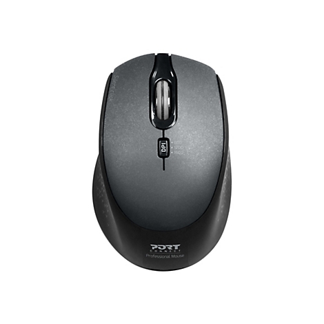 Drahtlose Maus, grauschwarz mit Logo und DPI-Einstellung. Auf der linken Seite steht "Silent click".