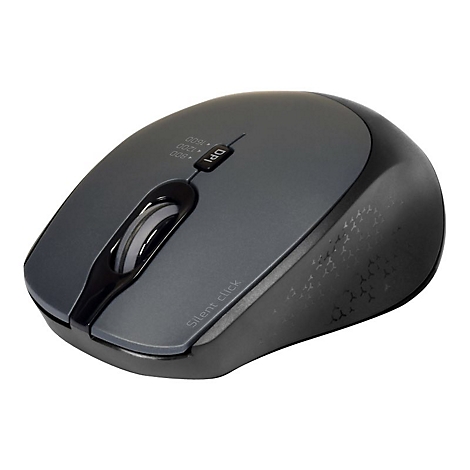 Drahtlose Computermaus in Grau. Oberseite mit DPI-Einstellungen und Scrollrad. „Silent click“ auf der Seite.