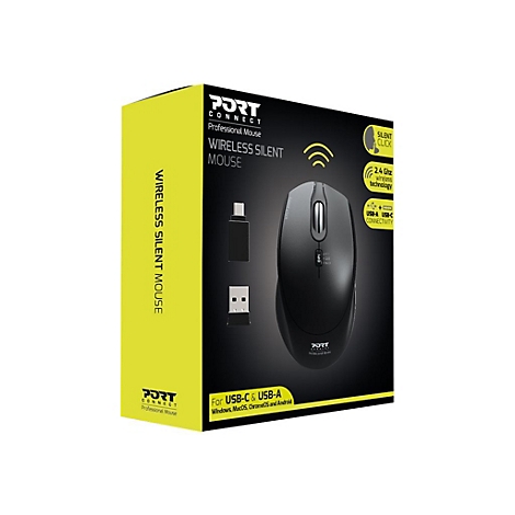Schwarze, drahtlose Maus mit der Aufschrift Wireless Silent Mouse. Auf der Verpackung befinden sich Logos und technische Daten.