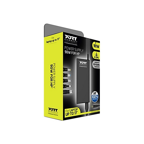 Emballage du produit noir et jaune. Inscription : 'Power Supply 90W for HP'.