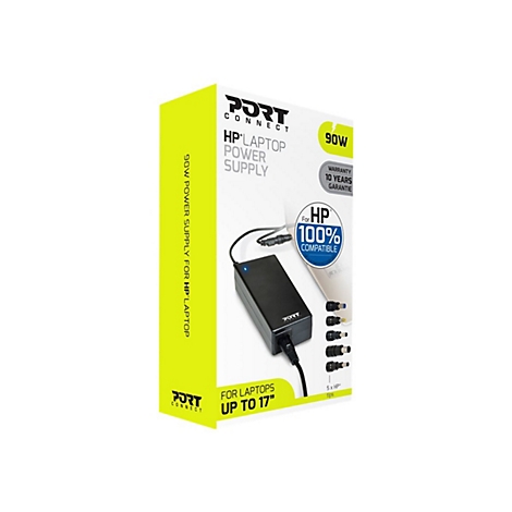 Emballage du produit prÃ©sentant un adaptateur secteur pour ordinateur portable noir de Port Connect. Le nom du produit, la puissance et la compatibilitÃ© sont imprimÃ©s.