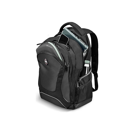 Schwarzer Rucksack mit geÃ¶ffneten FÃ¤chern, gefÃ¼llt mit Laptop, Telefon und Trinkflasche. Hellgraue Akzente.
