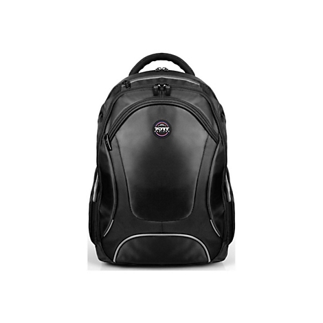 Schwarzer Rucksack mit mehreren FÃ¤chern. Oben ein Tragegriff, Logo am oberen Fach.