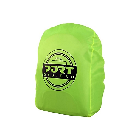 NeongrÃ¼ne RucksackhÃ¼lle mit dem Logo Port Designs in Schwarz auf weiÃŸem Kreis.