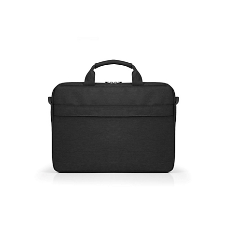 Schwarze Laptoptasche mit Tragegriff und Reißverschluss, isoliert auf weißem Hintergrund.