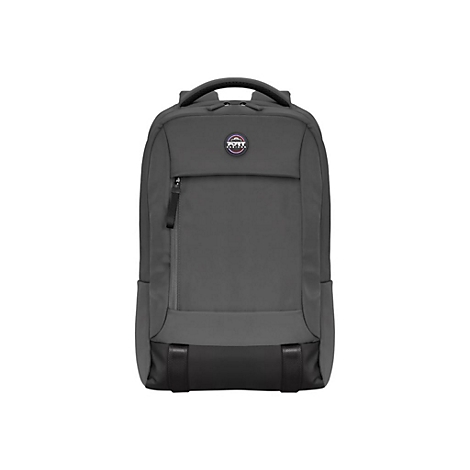 Grauer Laptop-Rucksack mit Port Design Logo. Schwarzer Griff oben, ReiÃŸverschluss, schwarze Basis.