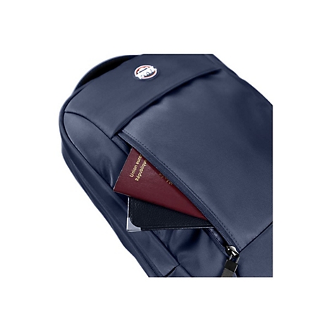 Dunkelblauer Rucksack, Reißverschlussfach mit Pass und schwarzem Etui.