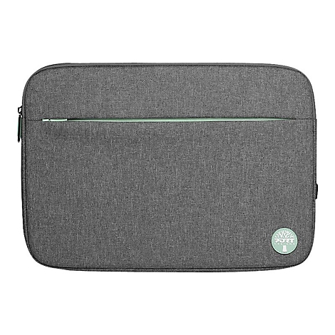 Graue Laptoptasche mit einem hellgrünen Reißverschluss und dem Logo von Port Designs.