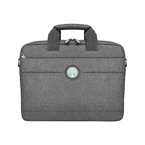 Graue Laptoptasche mit Tragegriff. Auf der Tasche ist ein Logo mit Baum in einem Kreis abgebildet.