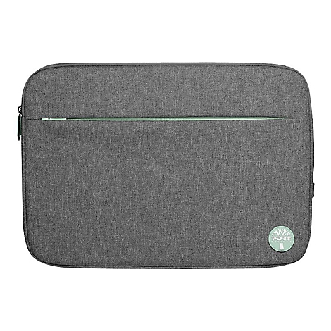 Graue Laptoptasche mit einem hellgrünen Reißverschluss und Logo.