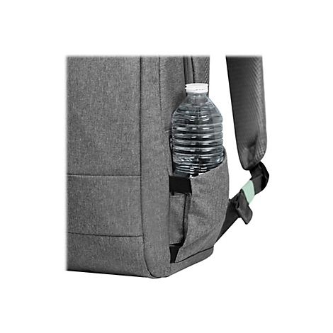 Grauer Rucksack mit einer Wasserflasche in der seitlichen Netztasche.