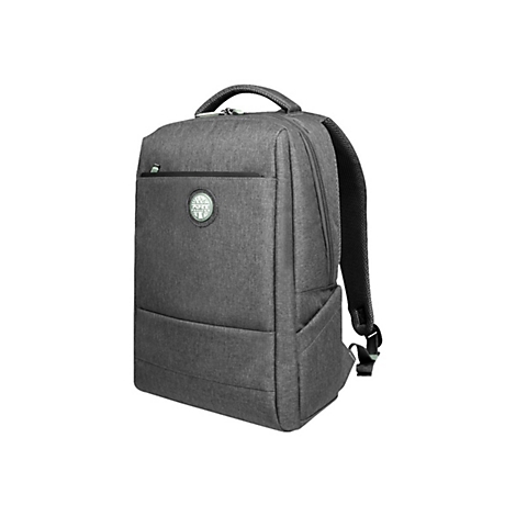 Grauer Rucksack mit Griff und Logo. Rechteckiges Design mit Schultergurten. Auf hellem Hintergrund.