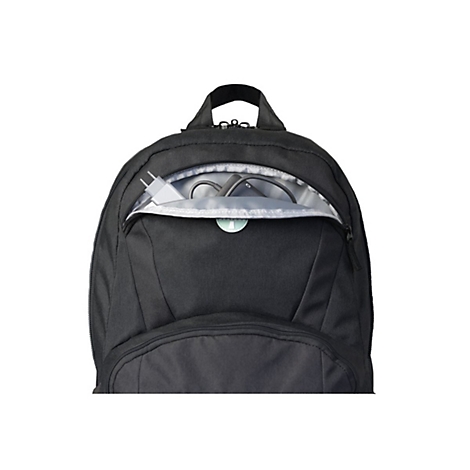 Schwarzer Rucksack mit offenem ReiÃŸverschluss, Innenansicht mit LadegerÃ¤t, Kabeln und ZubehÃ¶r.