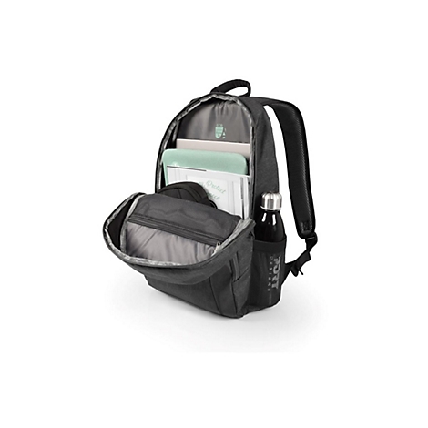 Schwarzer Rucksack mit geÃ¶ffneten FÃ¤chern, gefÃ¼llt mit BÃ¼chern und einer Wasserflasche.
