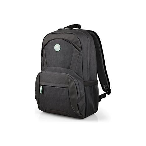 Dunkelgrauer Rucksack mit hellgrÃ¼nen Details, wie einem ReiÃŸverschluss und einem Logo. Der Rucksack ist leicht schrÃ¤g fotografiert.