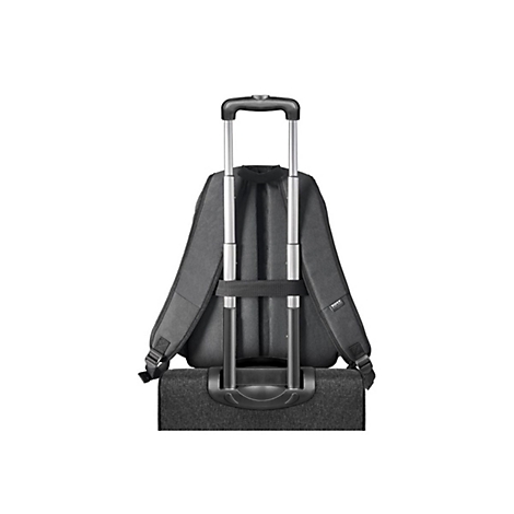 Schwarzer Rucksack mit Teleskopgriff, von hinten gesehen. Er steht auf einer kleinen Rollentasche.