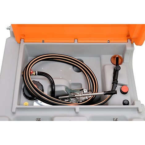 Grey container with orange lid, black hose, fuel nozzle, and orange button.