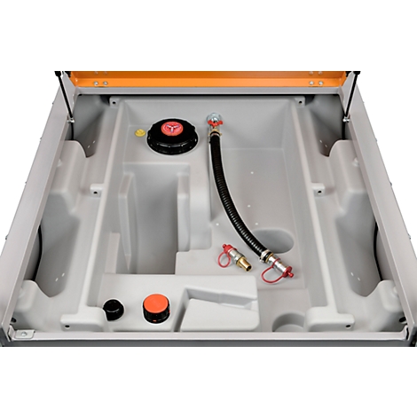 Interior view of a tank with black lids, orange details and a black hose.