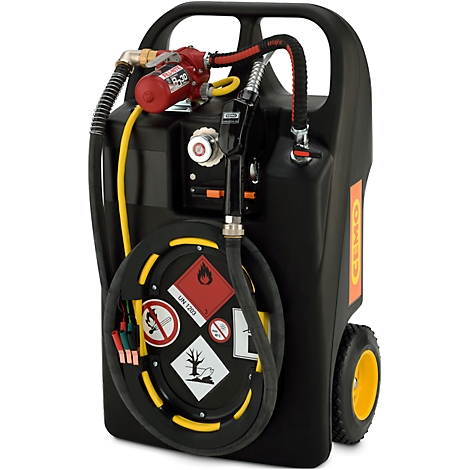 Black mobile tank with wheels, hoses, pump, warning symbols and the word 'OMC'.