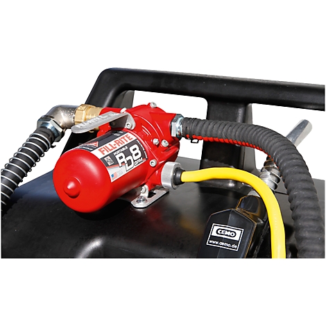 Close-up of a red pump with yellow hose and 'FILL-RITE' lettering.