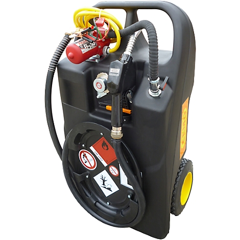 Black mobile tank with yellow and red elements. Hoses, wheels, and a hazardous materials sticker are visible.