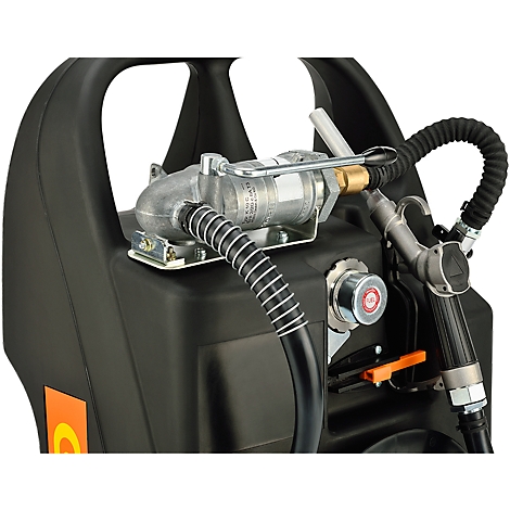 Close-up of a black diesel fuel station with a nozzle and hose. An orange lever is visible.