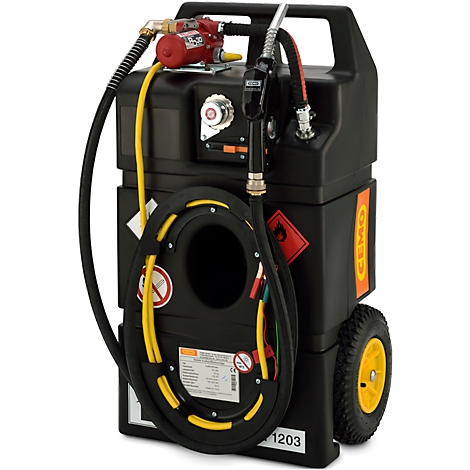 Black mobile fuel tank with yellow accents, a fuel nozzle, and warning symbols. On wheels for transport.
