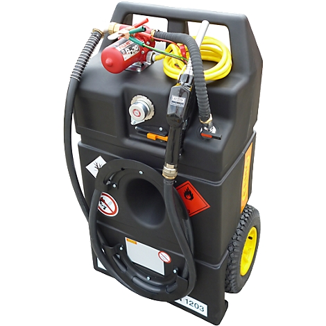 Black, mobile tank with a fuel nozzle and yellow hose. Clear warning signs and a red pump housing.