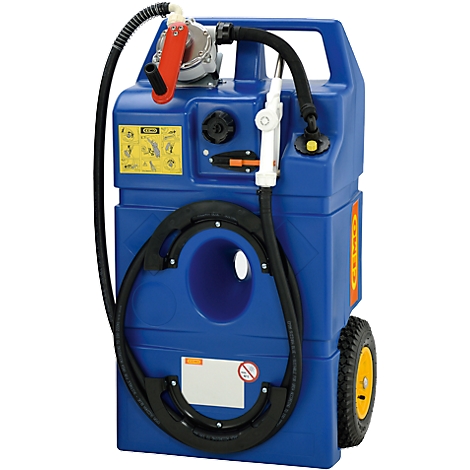 Blue fuel tank with black hose and yellow wheels. A red pump is mounted on top.