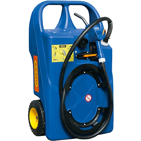 Blue, rolling tank with pump and hose. Yellow wheels. CEHO logo on the side.