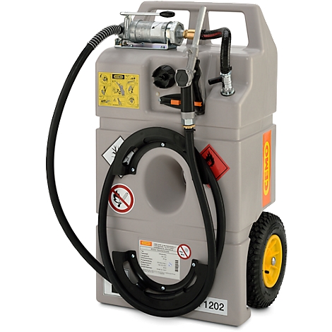 Gray, rolling diesel tank with fuel nozzle and hose. Stickers with hazard symbols.