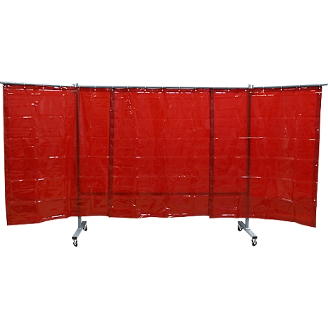 Red welding curtain with metal frame and wheels.