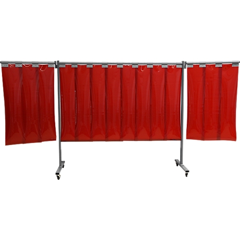 Red welding curtain, set up on a metal frame.