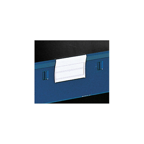 Etiqueta blanca en un estante azul, con líneas para escribir.